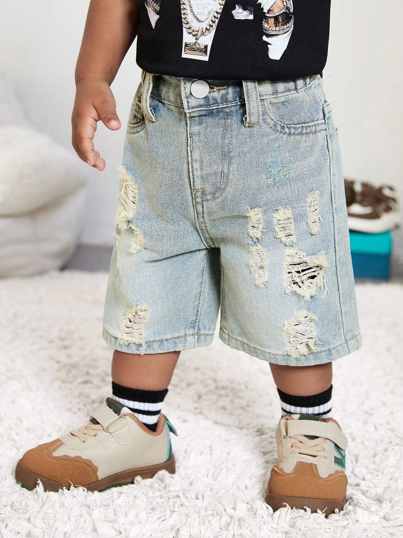 Playful Pals Baby Unisex Vintage Urban Street Ripped Long Denim Shorts,Aqua Blue,Summer,Casual,Elastic Waist,Decorative&Practical Pockets,Retro Heavy Wash,Whiskers