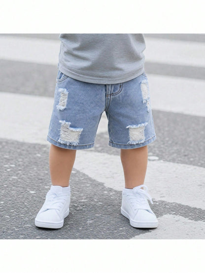 Playful Pals Baby Unisex Vintage Urban Street Ripped Long Denim Shorts,Aqua Blue,Summer,Casual,Elastic Waist,Decorative&Practical Pockets,Retro Heavy Wash,Whiskers