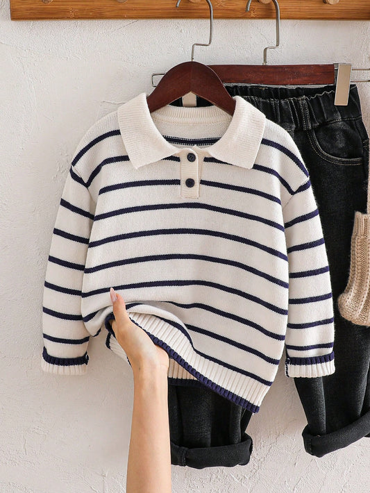 Playful Pals Boys (Small) Sweater With Turn-Down Collar, Long Sleeve, Striped Color Block Design, Suitable For Spring, Autumn, Winter, Autumn/Winter Seasons