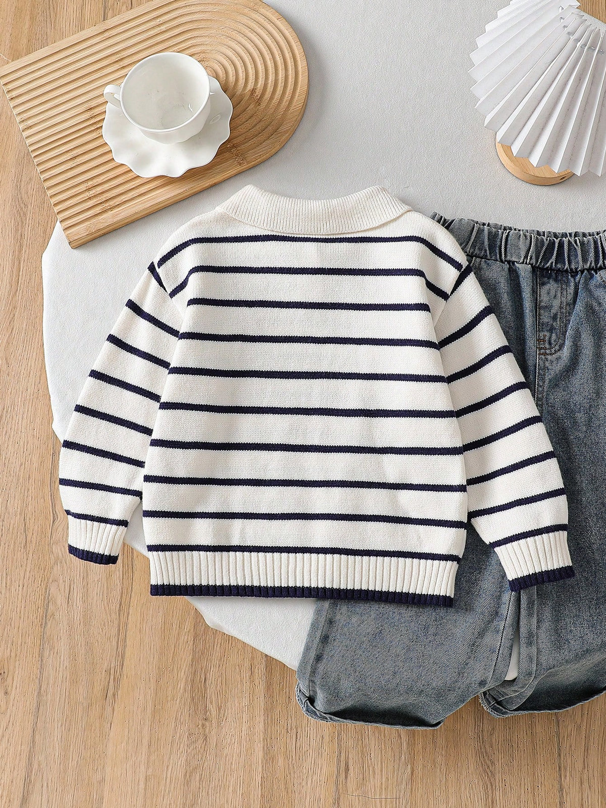Playful Pals Boys (Small) Sweater With Turn-Down Collar, Long Sleeve, Striped Color Block Design, Suitable For Spring, Autumn, Winter, Autumn/Winter Seasons