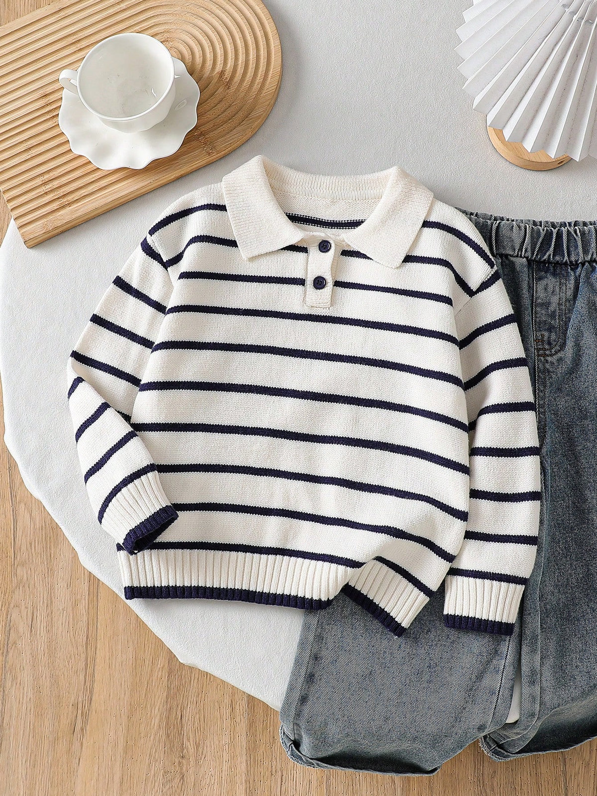 Playful Pals Boys (Small) Sweater With Turn-Down Collar, Long Sleeve, Striped Color Block Design, Suitable For Spring, Autumn, Winter, Autumn/Winter Seasons