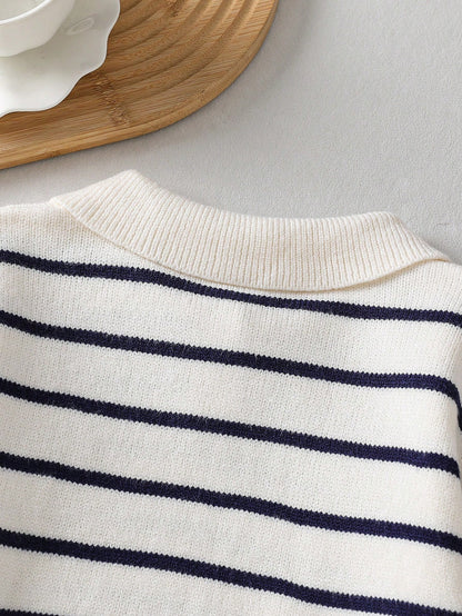 Playful Pals Boys (Small) Sweater With Turn-Down Collar, Long Sleeve, Striped Color Block Design, Suitable For Spring, Autumn, Winter, Autumn/Winter Seasons