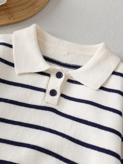 Playful Pals Boys (Small) Sweater With Turn-Down Collar, Long Sleeve, Striped Color Block Design, Suitable For Spring, Autumn, Winter, Autumn/Winter Seasons