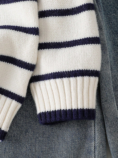 Playful Pals Boys (Small) Sweater With Turn-Down Collar, Long Sleeve, Striped Color Block Design, Suitable For Spring, Autumn, Winter, Autumn/Winter Seasons