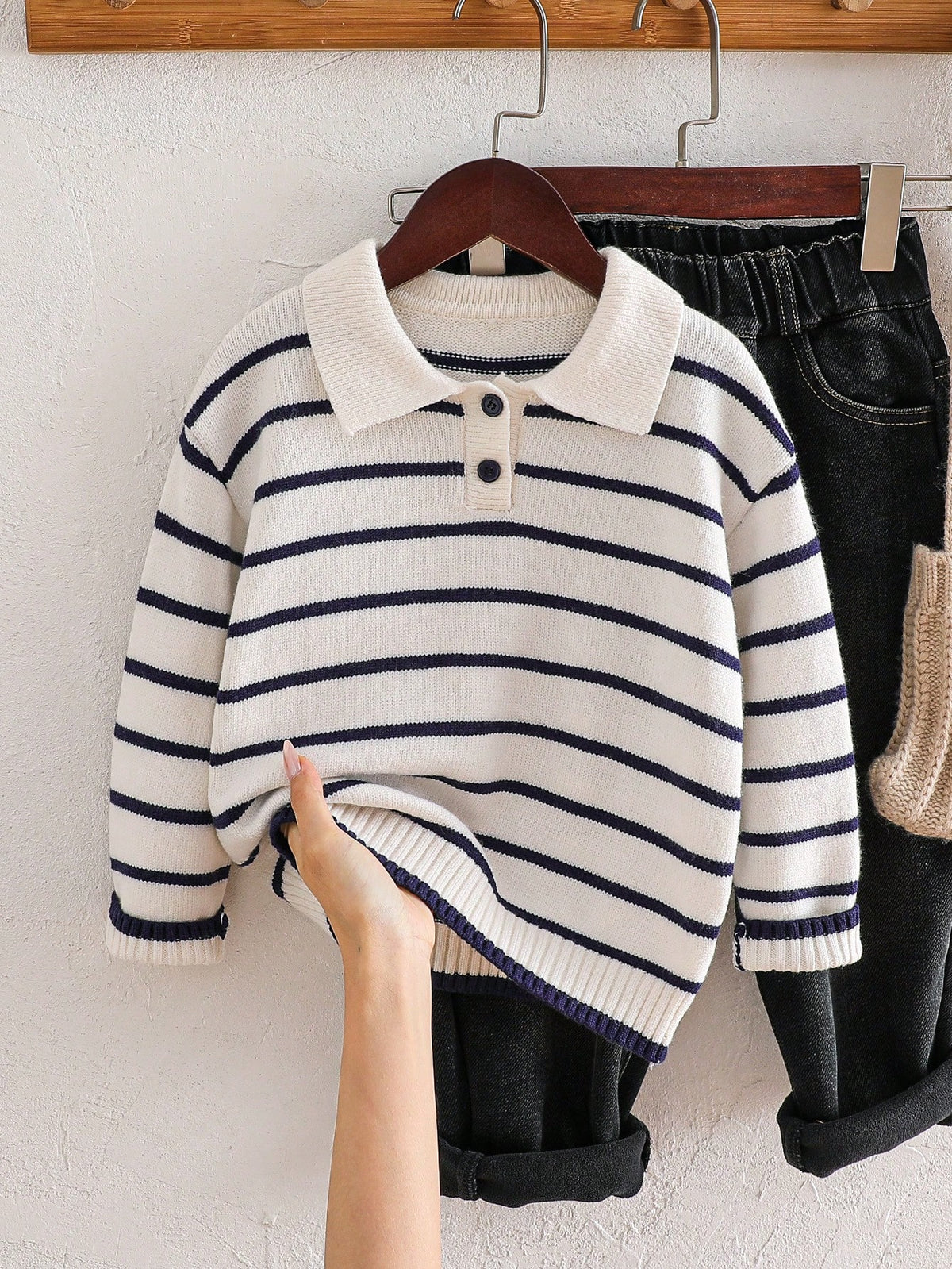 Playful Pals Boys (Small) Sweater With Turn-Down Collar, Long Sleeve, Striped Color Block Design, Suitable For Spring, Autumn, Winter, Autumn/Winter Seasons