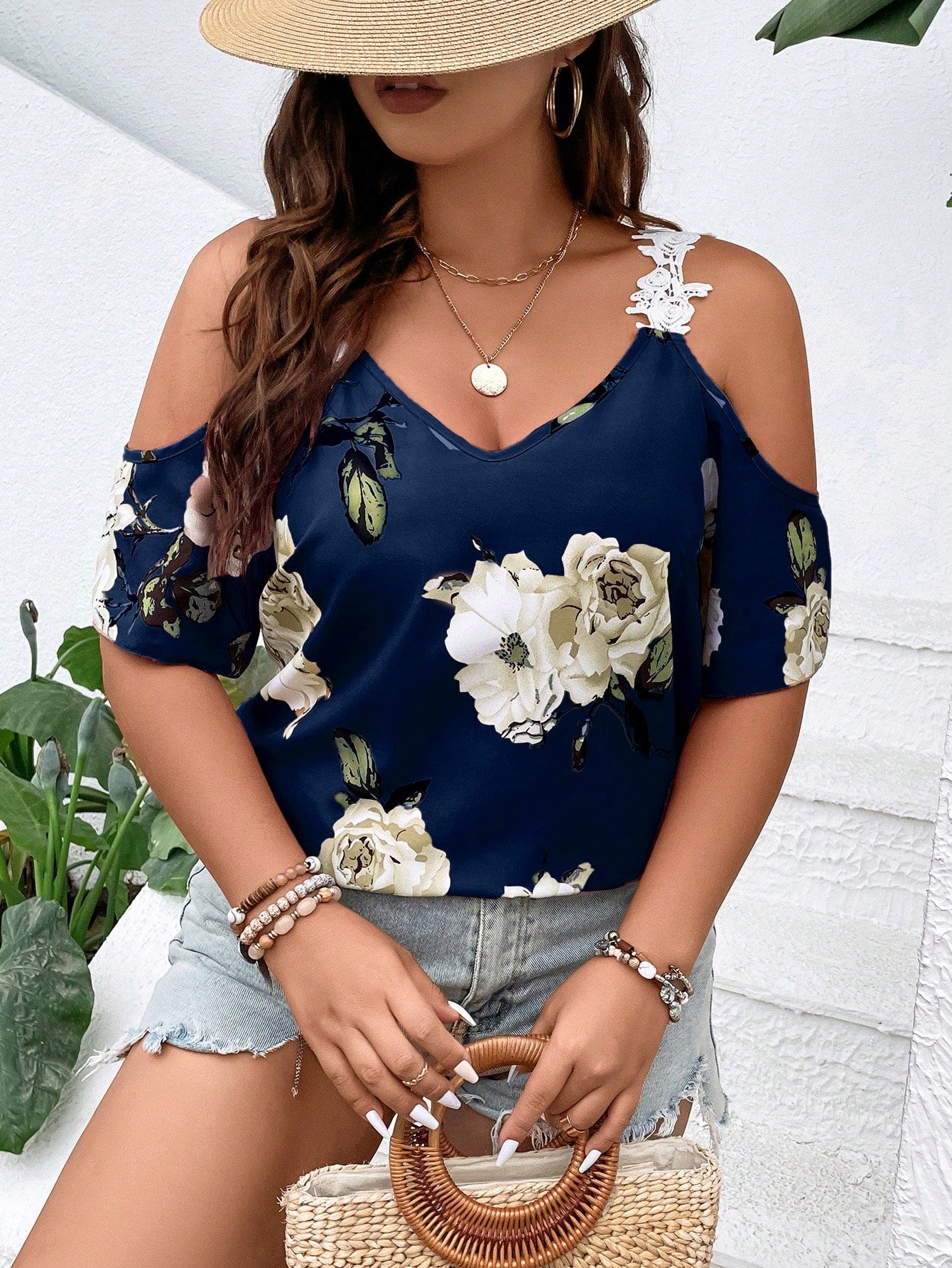 Plus Floral Print Cold Shoulder Appliques Detail Blouse, Summer