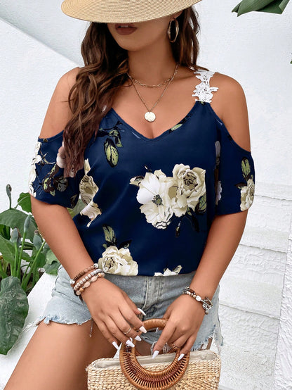Plus Floral Print Cold Shoulder Appliques Detail Blouse, Summer
