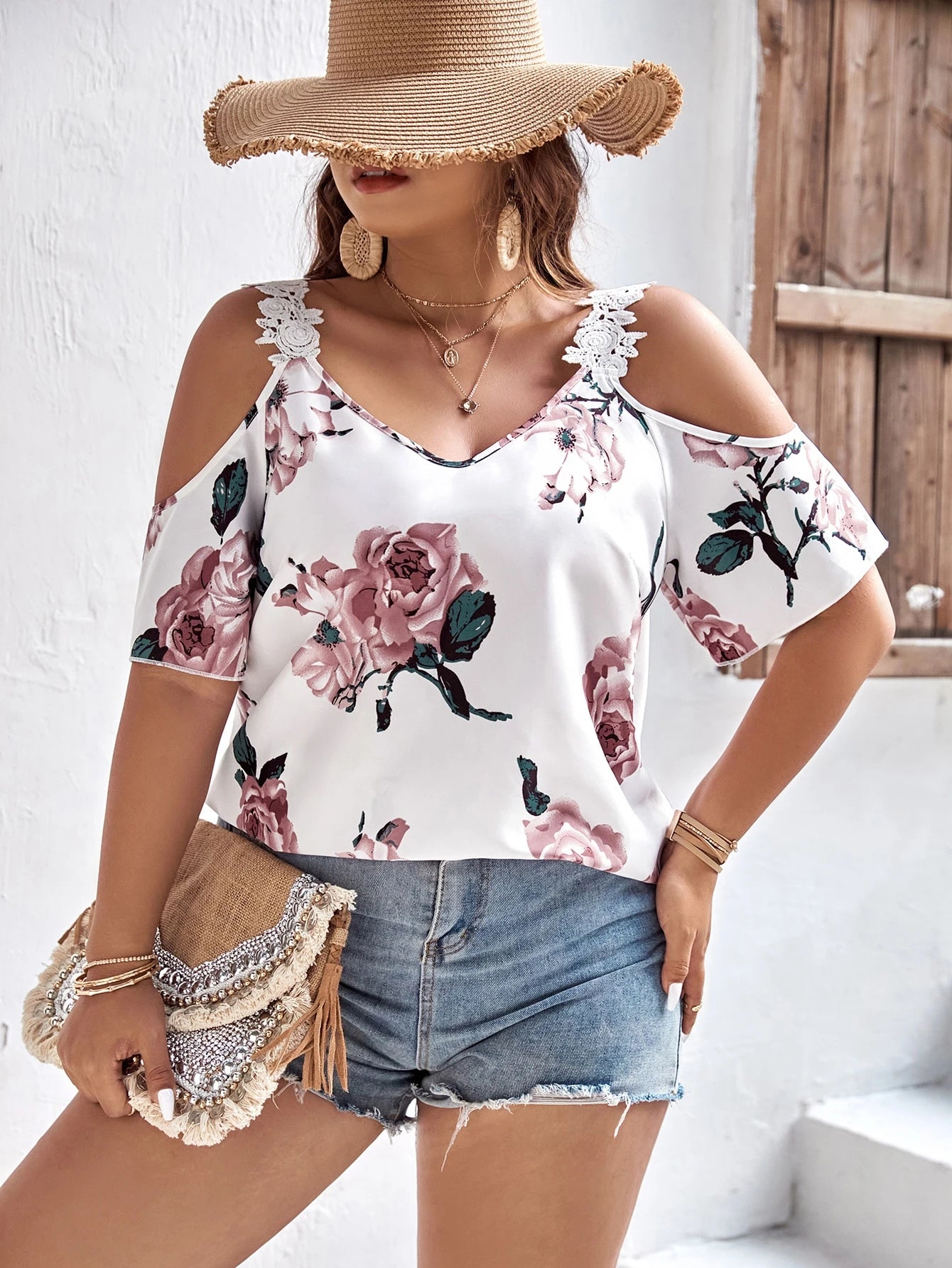 Plus Floral Print Cold Shoulder Appliques Detail Blouse, Summer