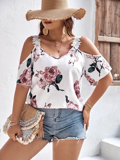 Plus Floral Print Cold Shoulder Appliques Detail Blouse, Summer