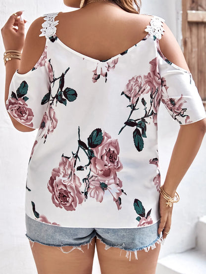 Plus Floral Print Cold Shoulder Appliques Detail Blouse, Summer