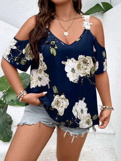 Plus Floral Print Cold Shoulder Appliques Detail Blouse, Summer