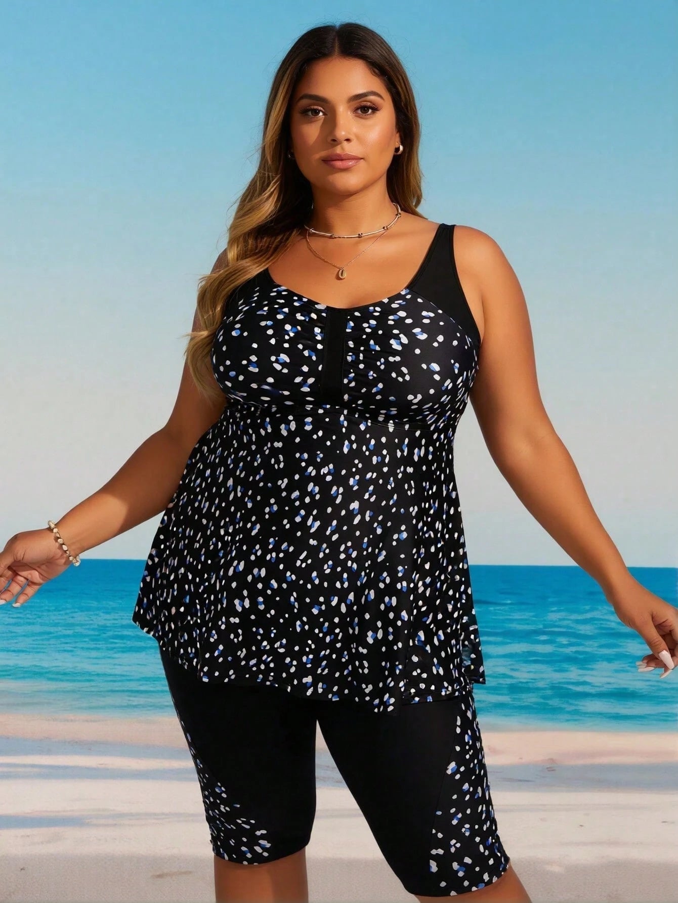 Plus Size Black & Blue Dot Print Tankini Set With Capri Leggings
