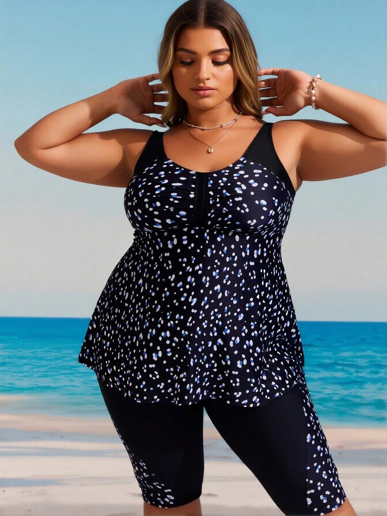 Plus Size Black & Blue Dot Print Tankini Set With Capri Leggings