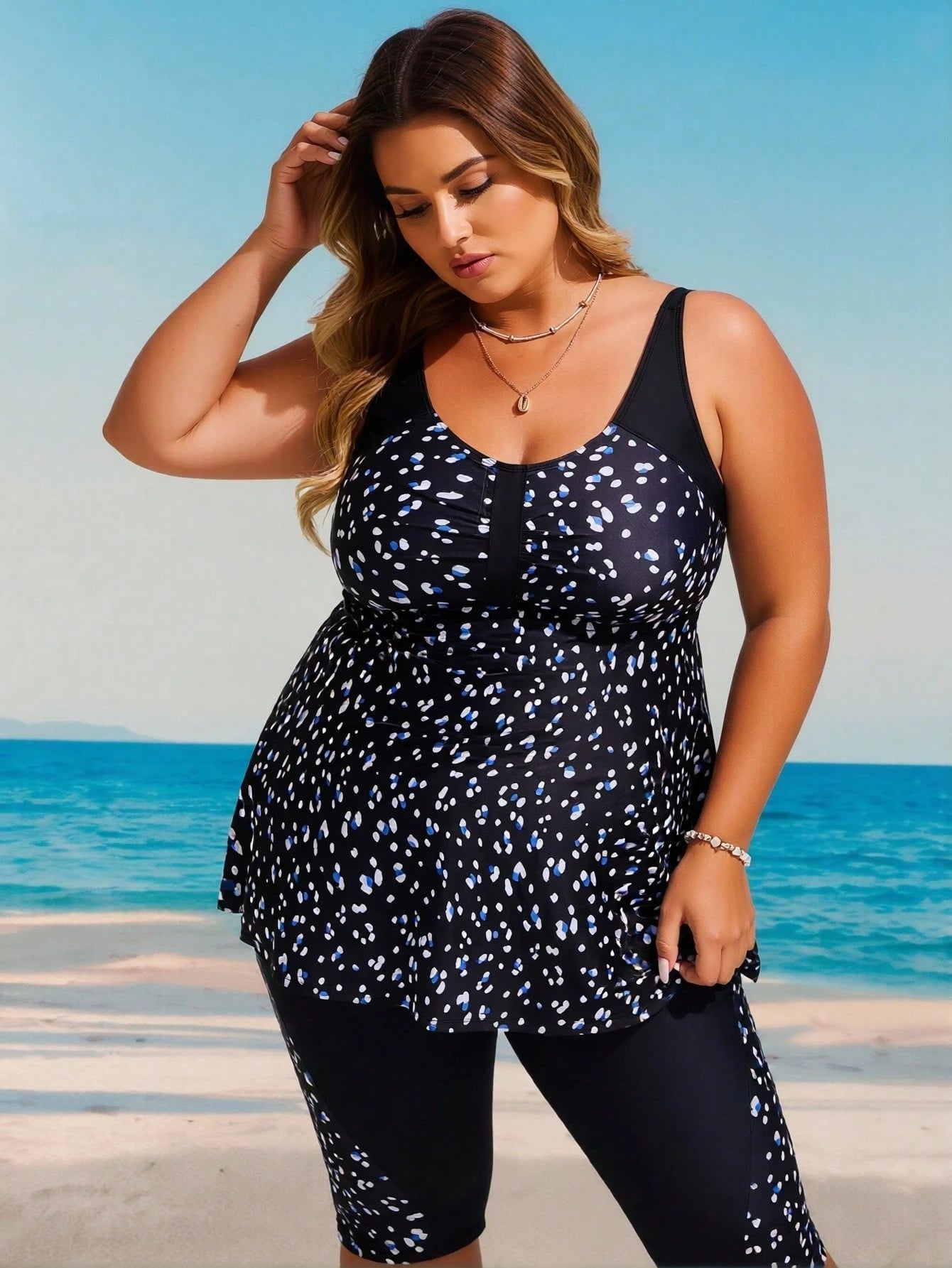 Plus Size Black & Blue Dot Print Tankini Set With Capri Leggings