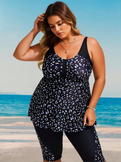 Plus Size Black & Blue Dot Print Tankini Set With Capri Leggings