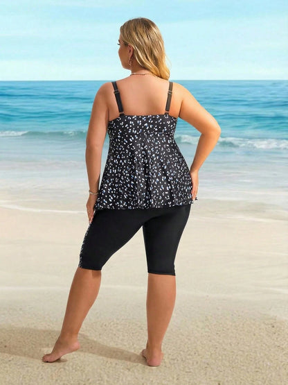 Plus Size Black & Blue Dot Print Tankini Set With Capri Leggings