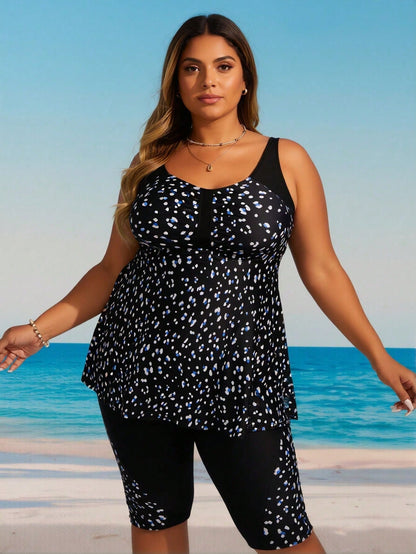 Plus Size Black & Blue Dot Print Tankini Set With Capri Leggings