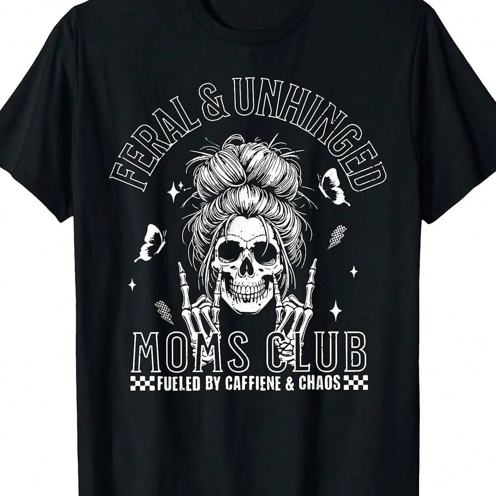 Plus Size Black Graphic Print Skull Messy Bun Mom Club Casual Short Sleeve Round Neck Tee For Women, & Unhinged Style