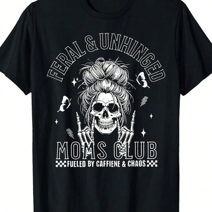 Plus Size Black Graphic Print Skull Messy Bun Mom Club Casual Short Sleeve Round Neck Tee For Women, & Unhinged Style