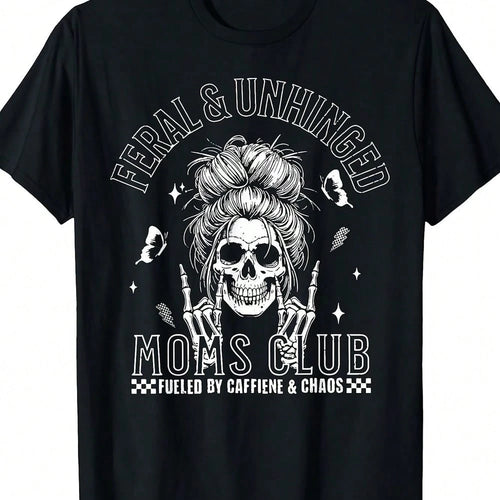 Plus Size Black Graphic Print Skull Messy Bun Mom Club Casual Short Sleeve Round Neck Tee For Women, & Unhinged Style