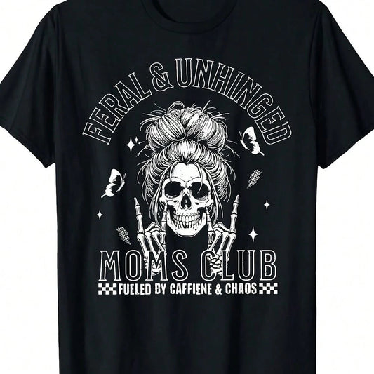 Plus Size Black Graphic Print Skull Messy Bun Mom Club Casual Short Sleeve Round Neck Tee For Women, & Unhinged Style