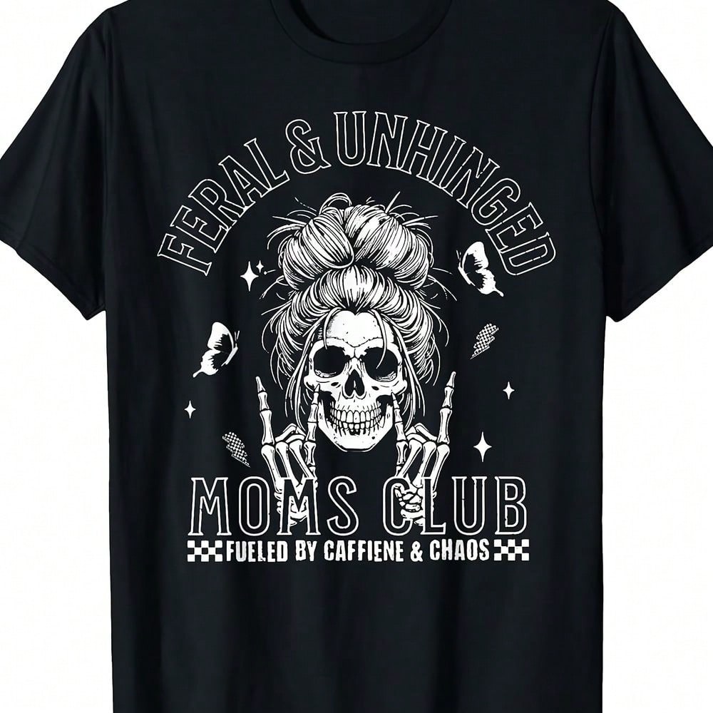Plus Size Black Graphic Print Skull Messy Bun Mom Club Casual Short Sleeve Round Neck Tee For Women, & Unhinged Style