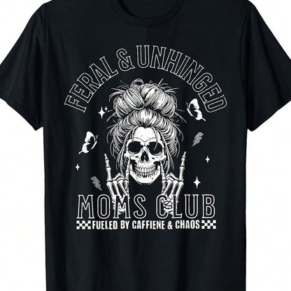 Plus Size Black Graphic Print Skull Messy Bun Mom Club Casual Short Sleeve Round Neck Tee For Women, & Unhinged Style