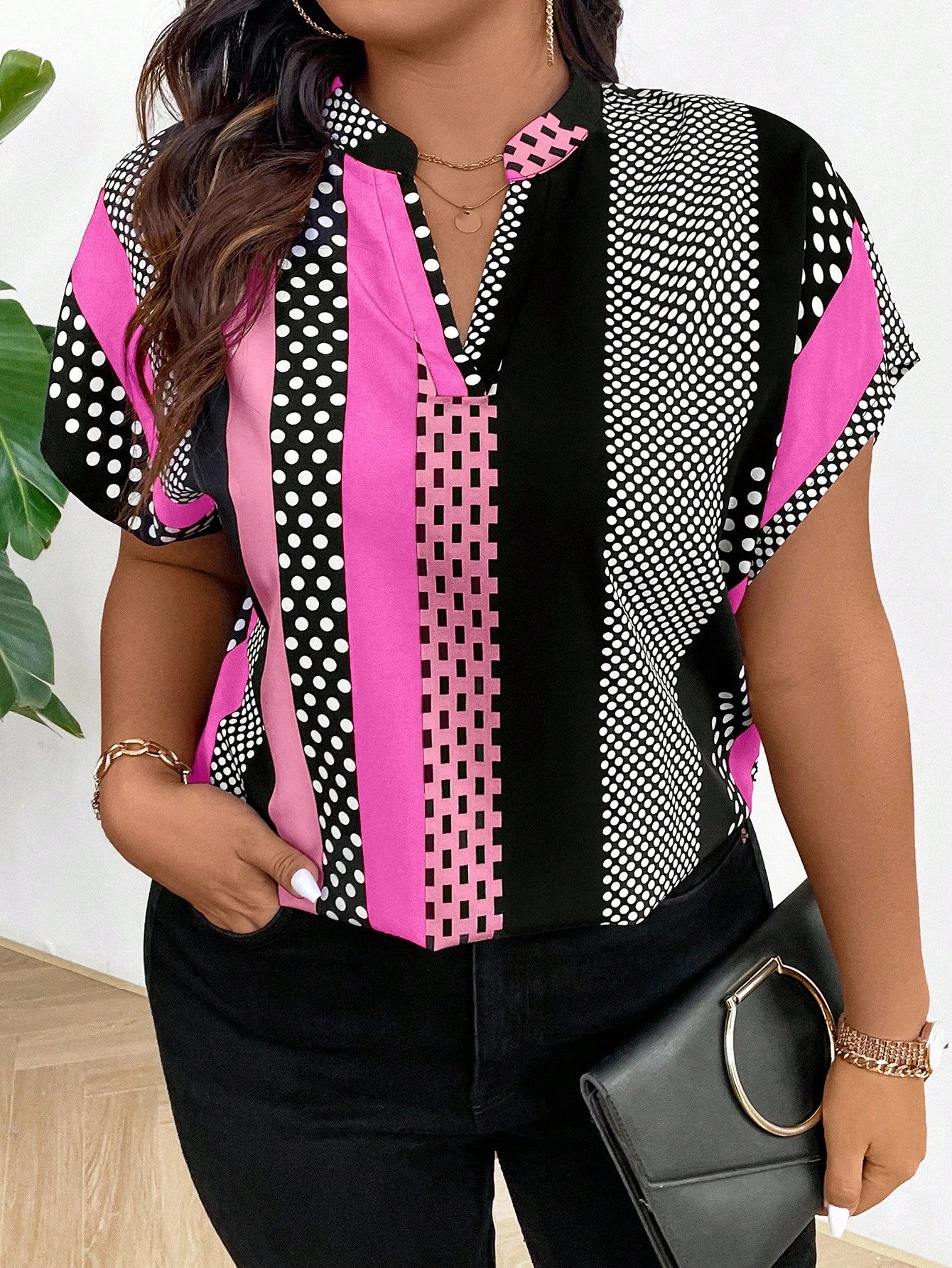 Plus Size Color-Block Short Sleeve Shirt With Random Print Design And Notched Collar For New Year Clothes Disco Plus Size Polka Dot