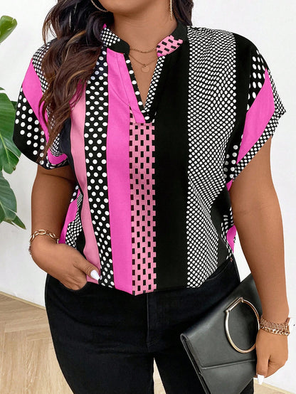 Plus Size Color-Block Short Sleeve Shirt With Random Print Design And Notched Collar For New Year Clothes Disco Plus Size Polka Dot