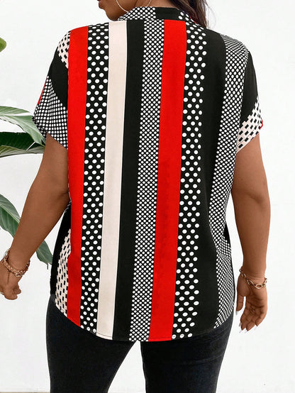 Plus Size Color-Block Short Sleeve Shirt With Random Print Design And Notched Collar For New Year Clothes Disco Plus Size Polka Dot