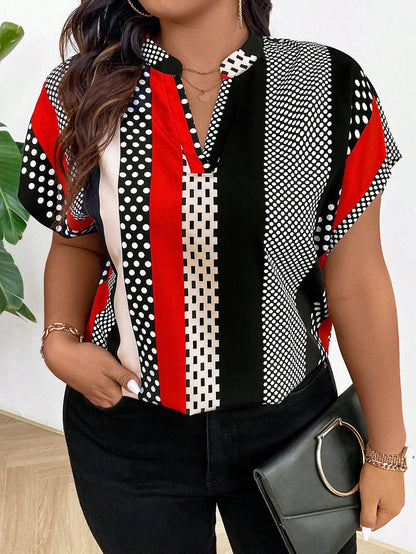 Plus Size Color-Block Short Sleeve Shirt With Random Print Design And Notched Collar For New Year Clothes Disco Plus Size Polka Dot
