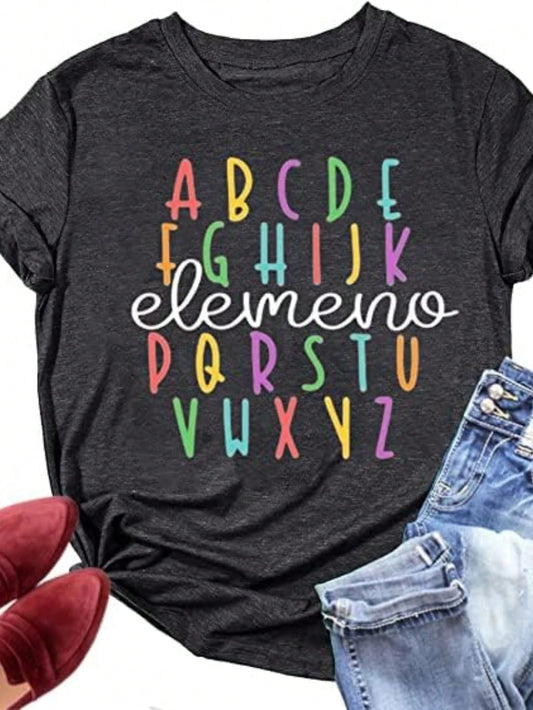 Plus Size Elemeno Women Teacher T-Shirt Colorful ABC Alphabet Graphic Print Casual Round Neck Tee Top For Teacher Shirt Women Size L-3XL 4XL 5XL
