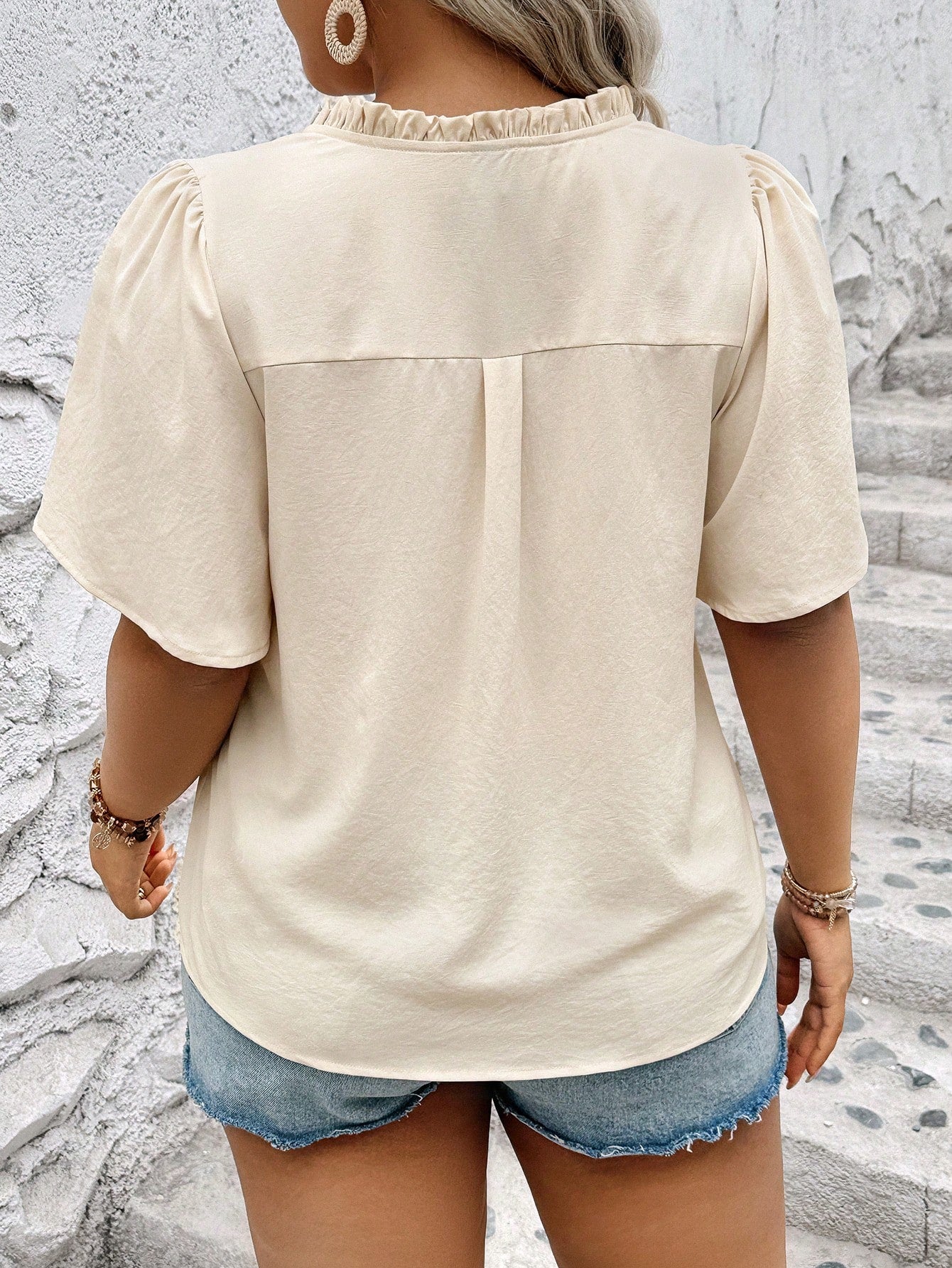 Plus Size Plain Deep V-Neck Lotus Sleeve Casual Daily Match Blouse