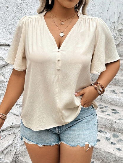 Plus Size Plain Deep V-Neck Lotus Sleeve Casual Daily Match Blouse