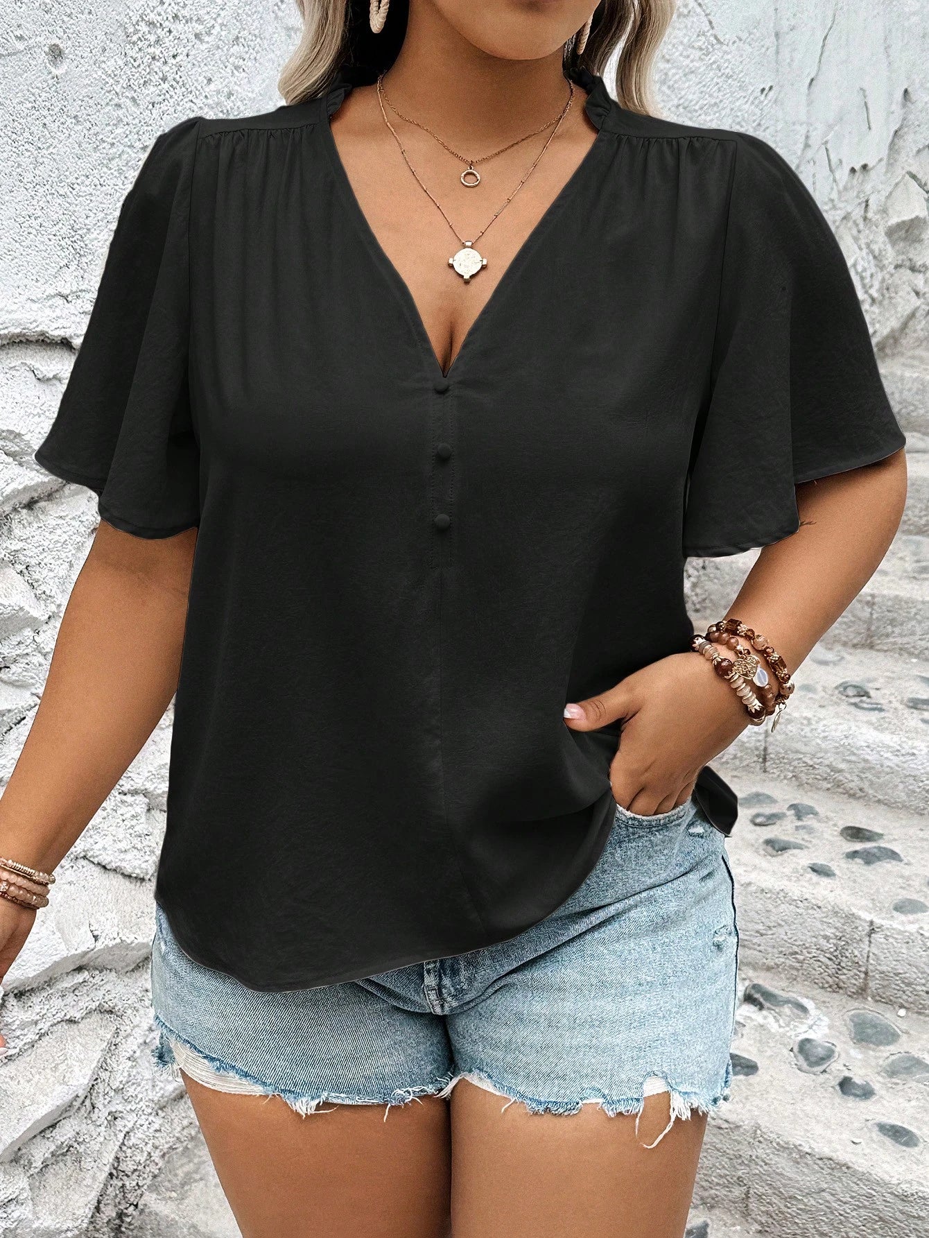Plus Size Plain Deep V-Neck Lotus Sleeve Casual Daily Match Blouse