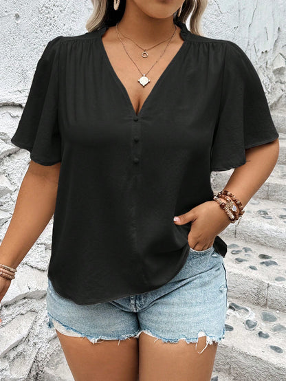 Plus Size Plain Deep V-Neck Lotus Sleeve Casual Daily Match Blouse