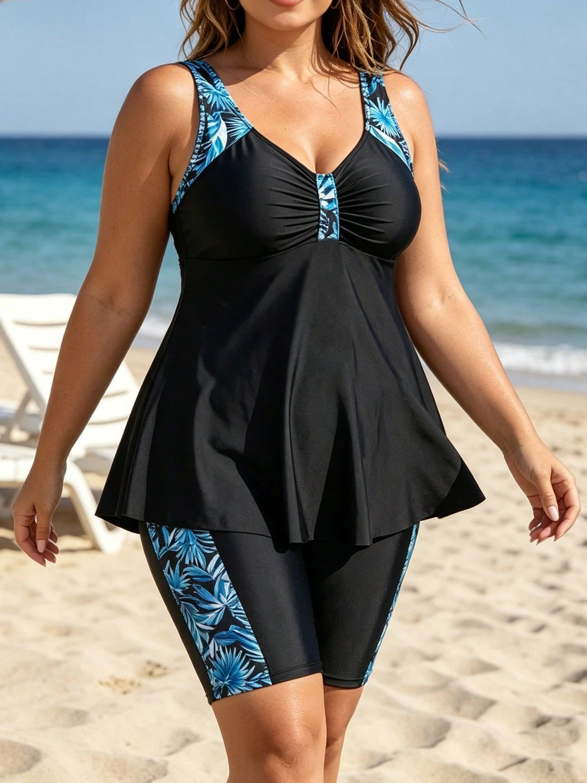 Plus Size Tropical Leaf Print Tankini Set Women V Neck Flowy Swim Dress Mid Leg Boyshort Tummy Control Two Piece Swimsuit Beach Bathing Suit