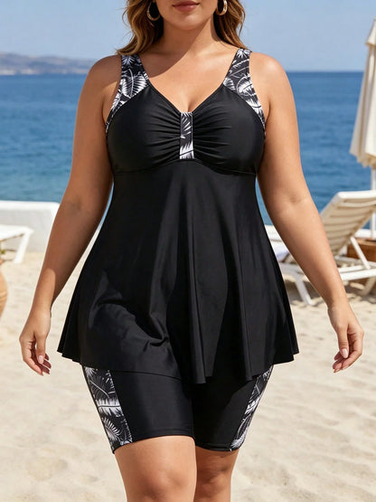 Plus Size Tropical Leaf Print Tankini Set Women V Neck Flowy Swim Dress Mid Leg Boyshort Tummy Control Two Piece Swimsuit Beach Bathing Suit