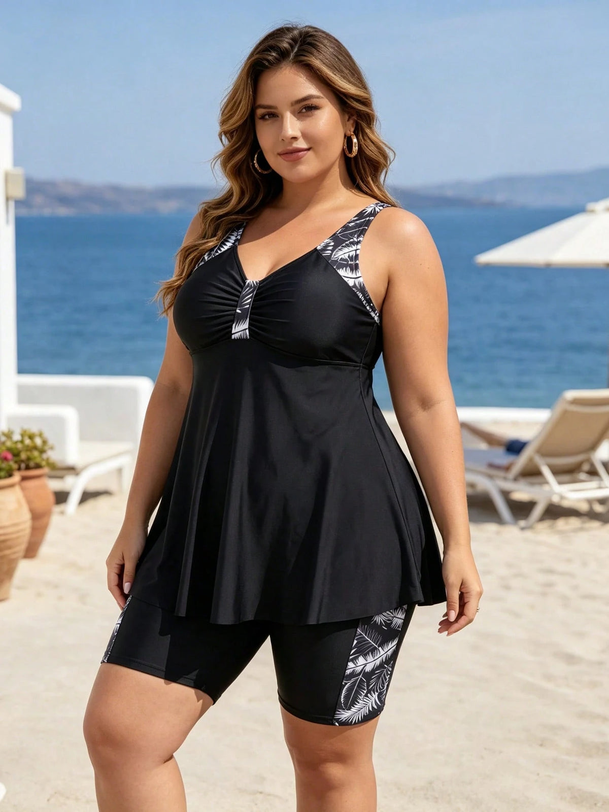 Plus Size Tropical Leaf Print Tankini Set Women V Neck Flowy Swim Dress Mid Leg Boyshort Tummy Control Two Piece Swimsuit Beach Bathing Suit