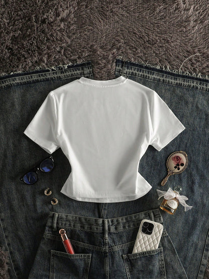Plus Size Women Funny Print Short Sleeve Fitted T-Shirt
