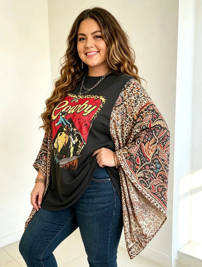 Plus Size Women Retro Cowboy Horse Graphic Patchwork Top, Multi Color Leopard Mix Print Wide Batwing Bell Sleeves, Loose Oversized Flowy Casual Blouse