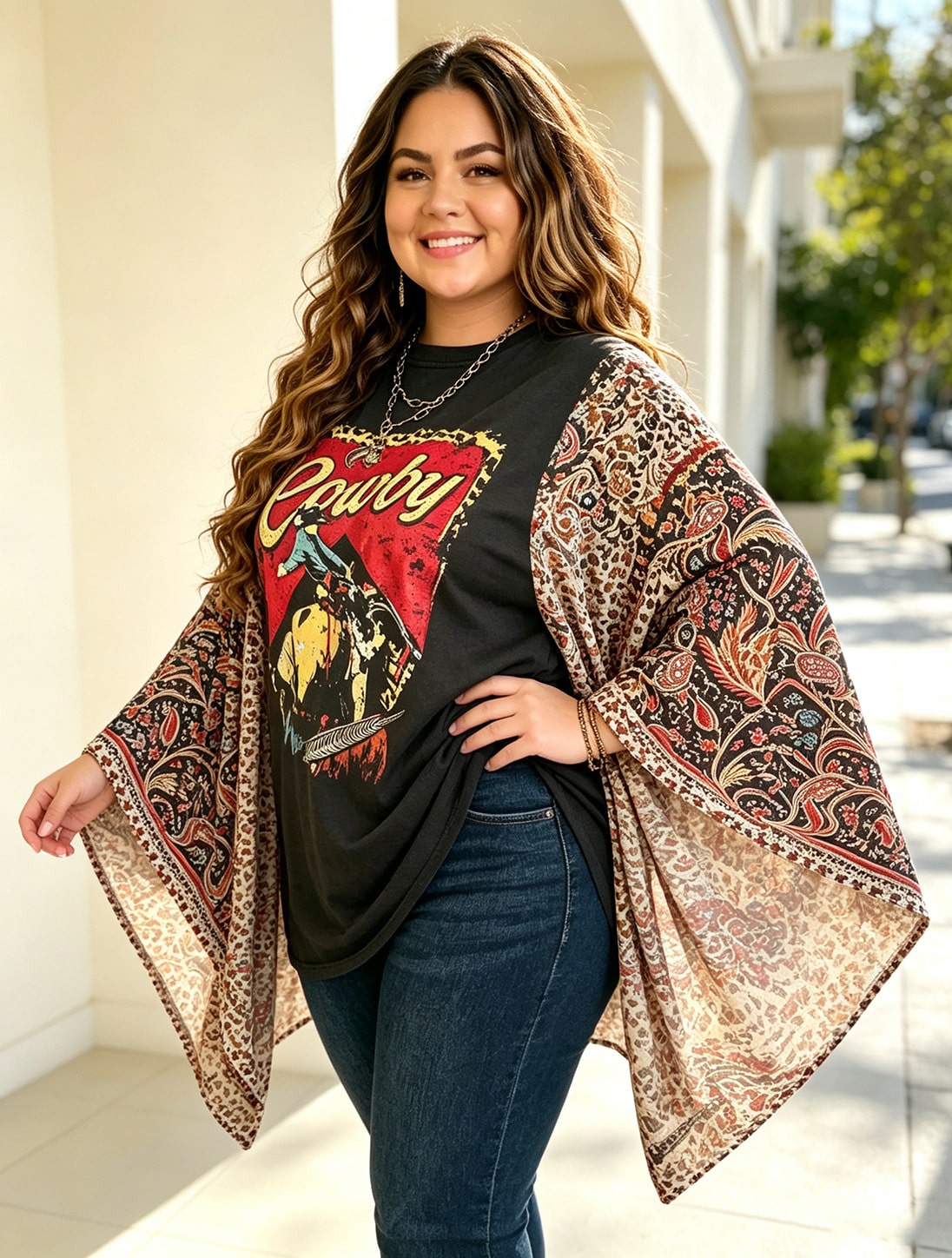 Plus Size Women Retro Cowboy Horse Graphic Patchwork Top, Multi Color Leopard Mix Print Wide Batwing Bell Sleeves, Loose Oversized Flowy Casual Blouse