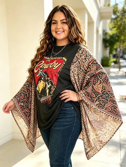 Plus Size Women Retro Cowboy Horse Graphic Patchwork Top, Multi Color Leopard Mix Print Wide Batwing Bell Sleeves, Loose Oversized Flowy Casual Blouse