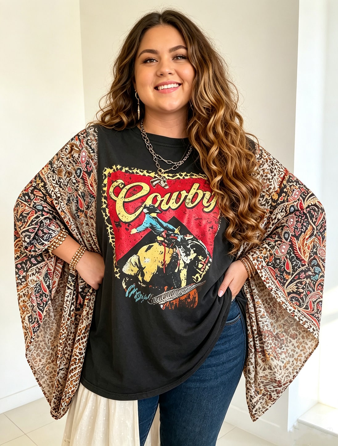 Plus Size Women Retro Cowboy Horse Graphic Patchwork Top, Multi Color Leopard Mix Print Wide Batwing Bell Sleeves, Loose Oversized Flowy Casual Blouse