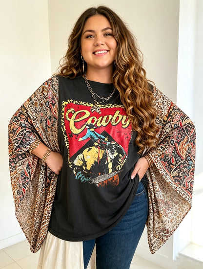 Plus Size Women Retro Cowboy Horse Graphic Patchwork Top, Multi Color Leopard Mix Print Wide Batwing Bell Sleeves, Loose Oversized Flowy Casual Blouse