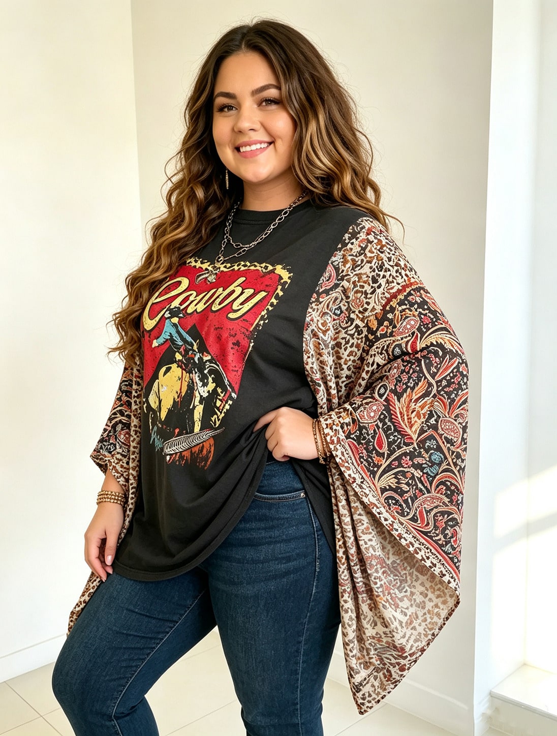 Plus Size Women Retro Cowboy Horse Graphic Patchwork Top, Multi Color Leopard Mix Print Wide Batwing Bell Sleeves, Loose Oversized Flowy Casual Blouse