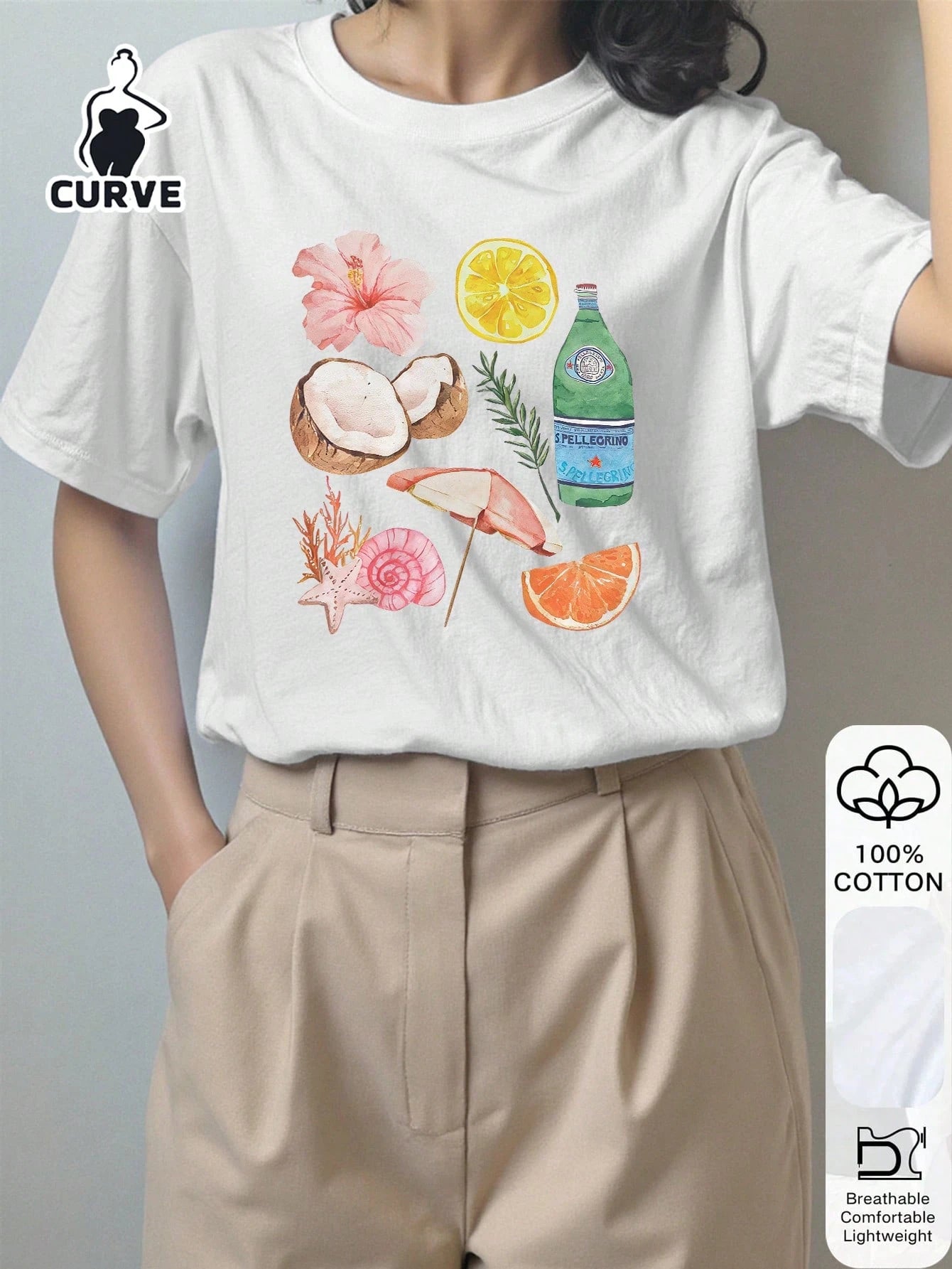 Plus Size Women's Casual Coconut Tree Print 100% Cotton Short Sleeve Top, Graphic Tee, Soft Fabric, Cotton, Outdoor Wear, Printed Pattern, Summer T-Shirt, Holiday, Travel Attire, Beach Style White