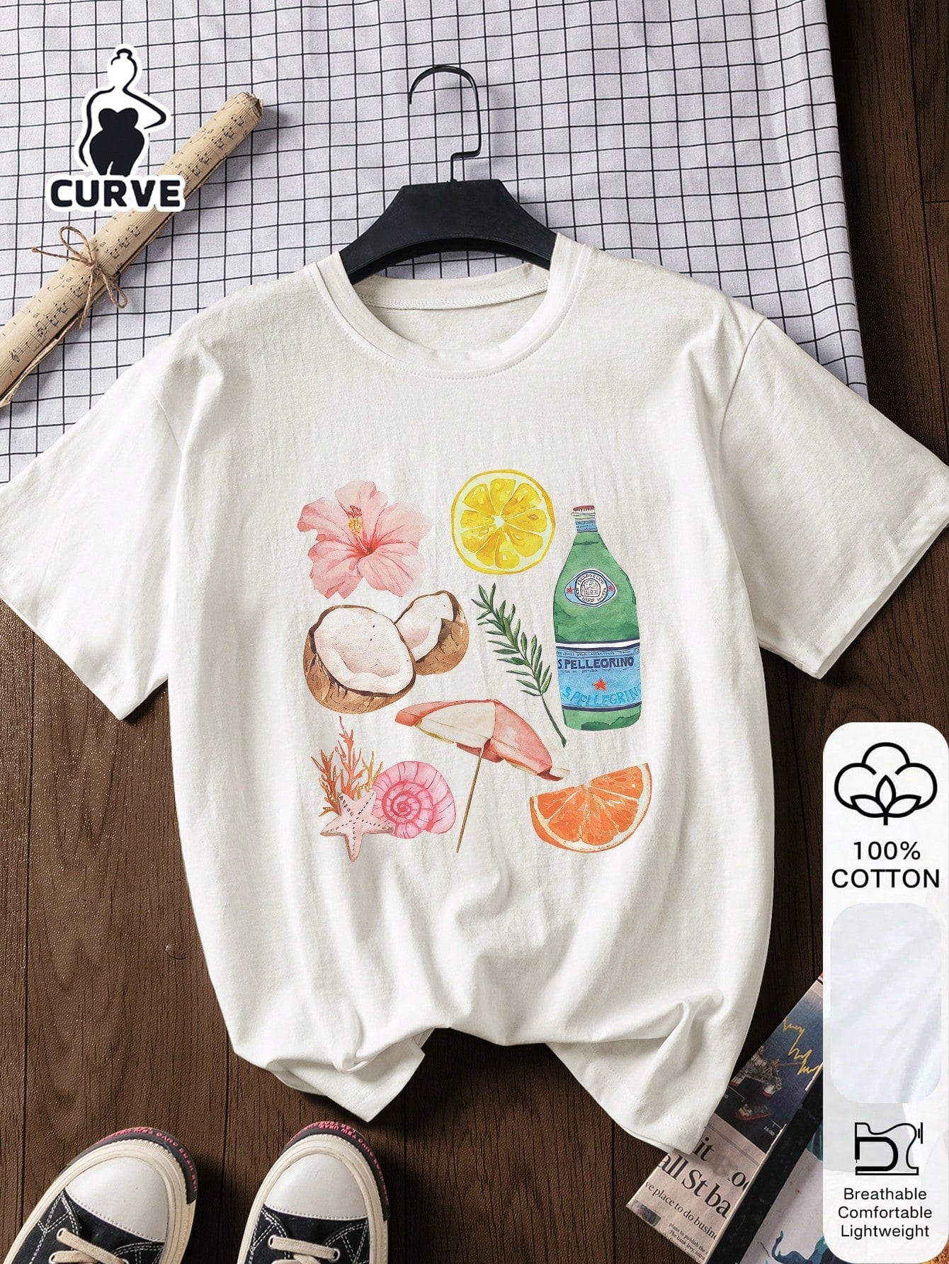 Plus Size Women's Casual Coconut Tree Print 100% Cotton Short Sleeve Top, Graphic Tee, Soft Fabric, Cotton, Outdoor Wear, Printed Pattern, Summer T-Shirt, Holiday, Travel Attire, Beach Style White
