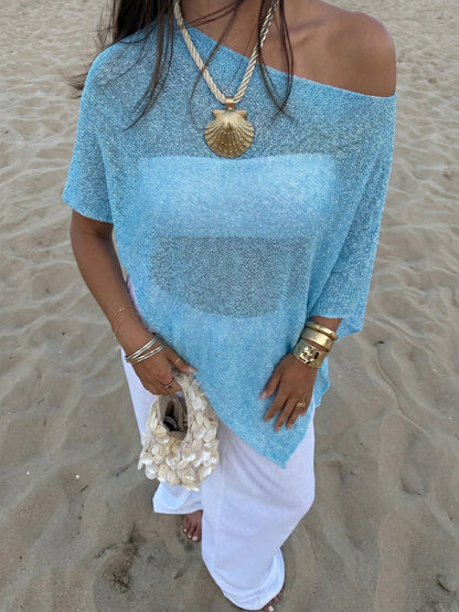 Plus Size Women's Casual Sexy Shiny Lightweight Textured Solid Color Hollow Knit Short Cape Batwing Sleeve Summer Beach Cover-Up Vacation
