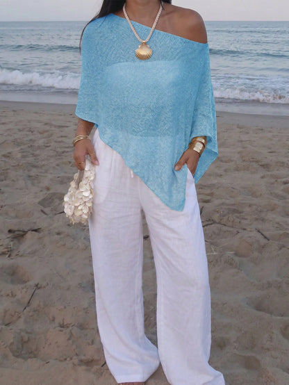 Plus Size Women's Casual Sexy Shiny Lightweight Textured Solid Color Hollow Knit Short Cape Batwing Sleeve Summer Beach Cover-Up Vacation
